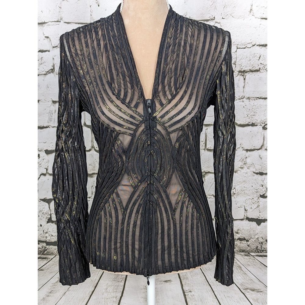 ALEXANDRA ROSATI Art Deco 2-Way Zip Black Gold Semi Sheer Jacket Top Size 6